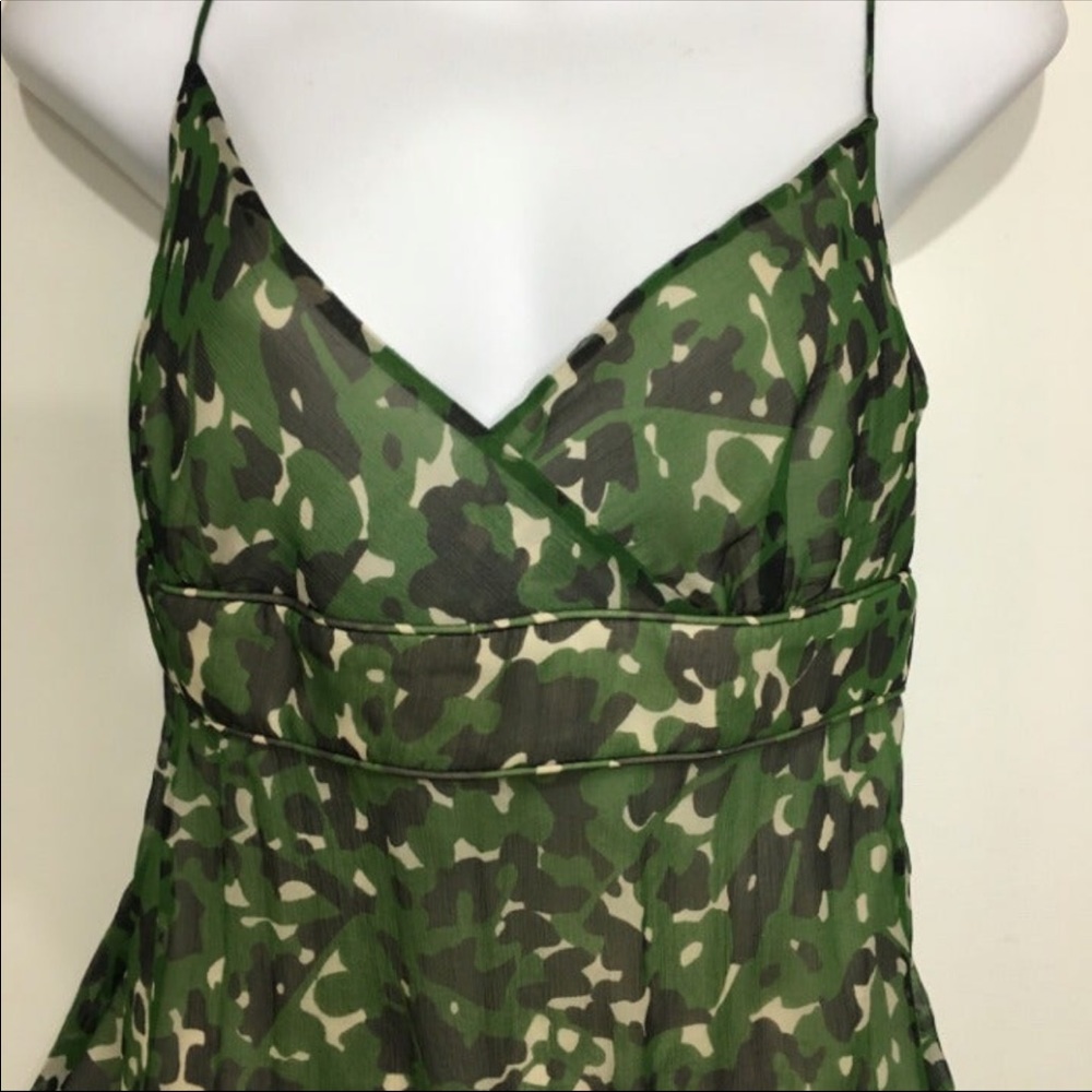 JCrew Green & Brown Camouflage Spaghetti Strap Silk Tank Top. Sz 6.